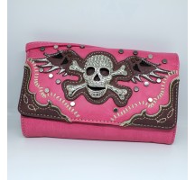 Embroidered Skull Wallet Clutch Pink