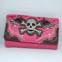 Embroidered Skull Wallet Clutch Pink